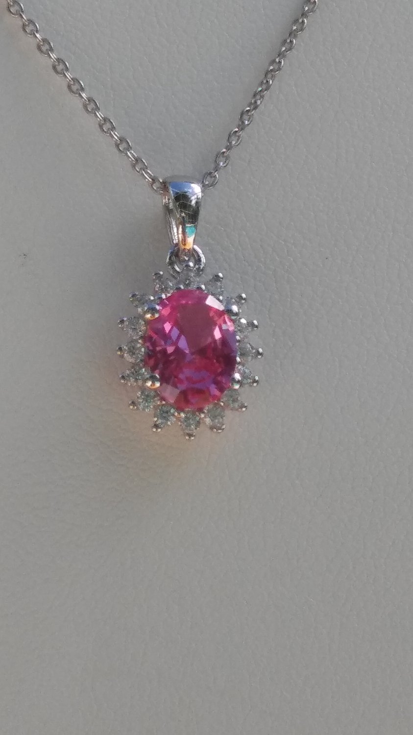 Sterling Silver Oval Red Corundum CZ Pendant and Chain