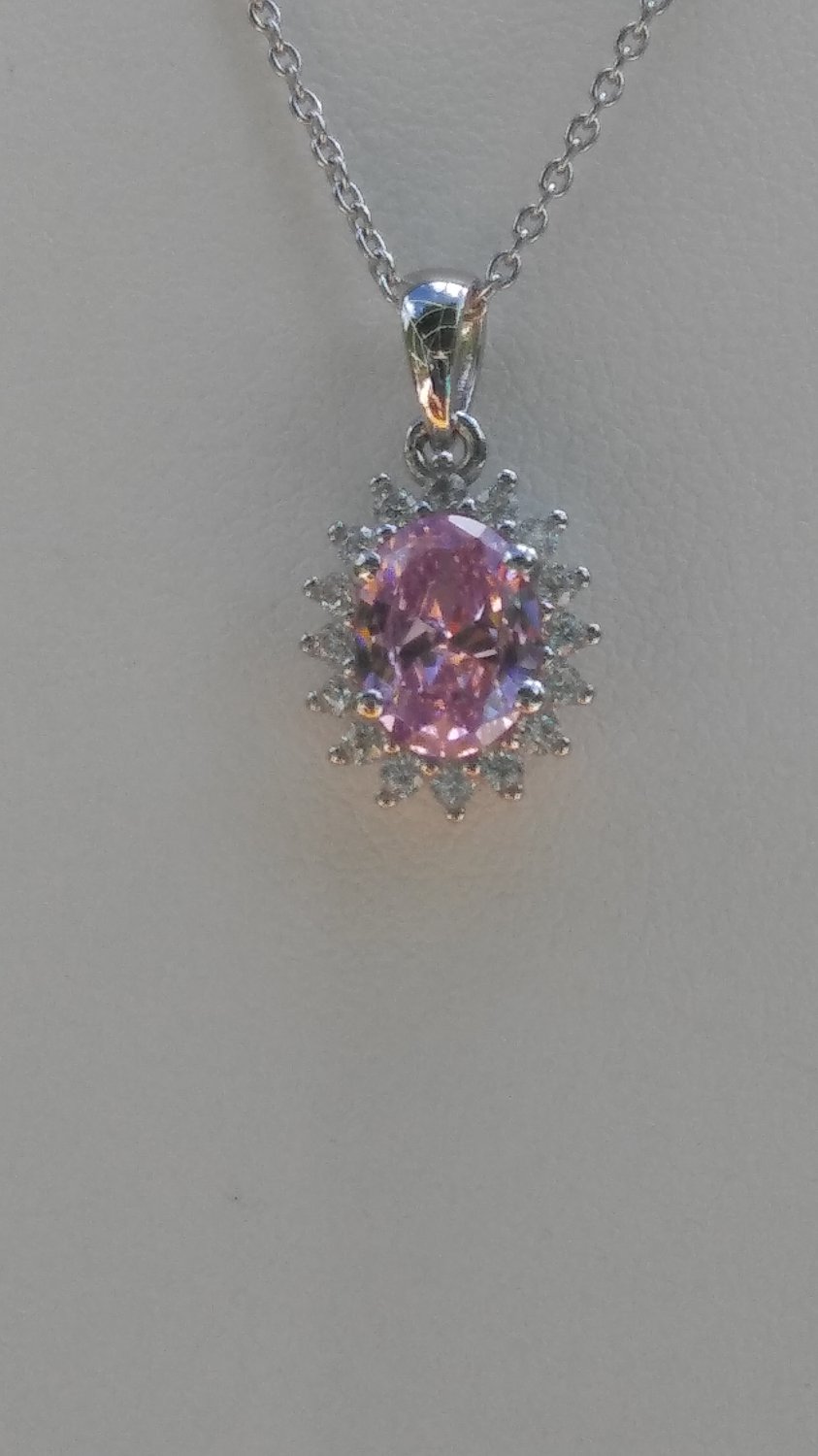 Sterling Silver Oval Pink CZ Pendant and Chain