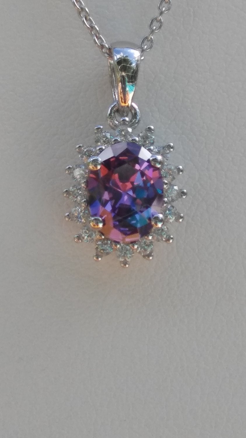 Sterling Silver Oval Amethyst CZ Pendant and Chain