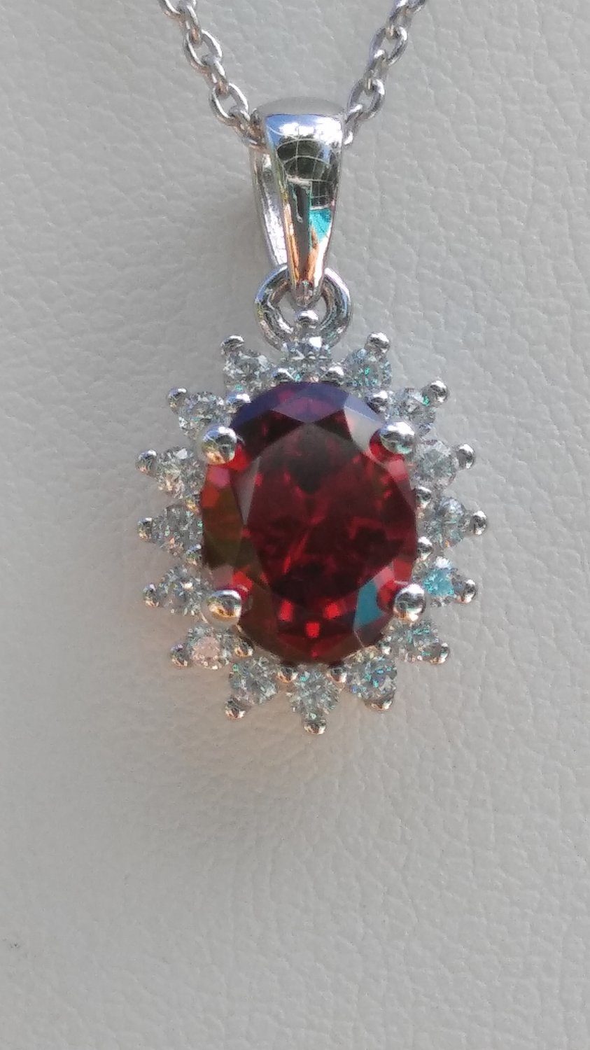 Sterling Silver Oval Dark Garnet CZ Pendant and Chain