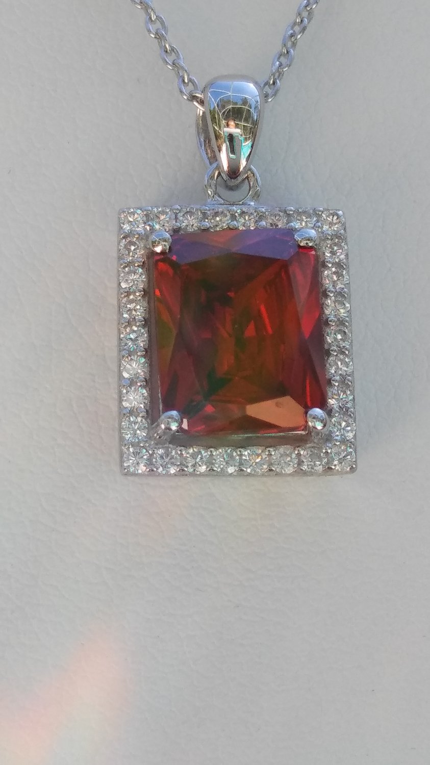 Sterling Silver Large Square Dark Garnet CZ Pendant and Chain