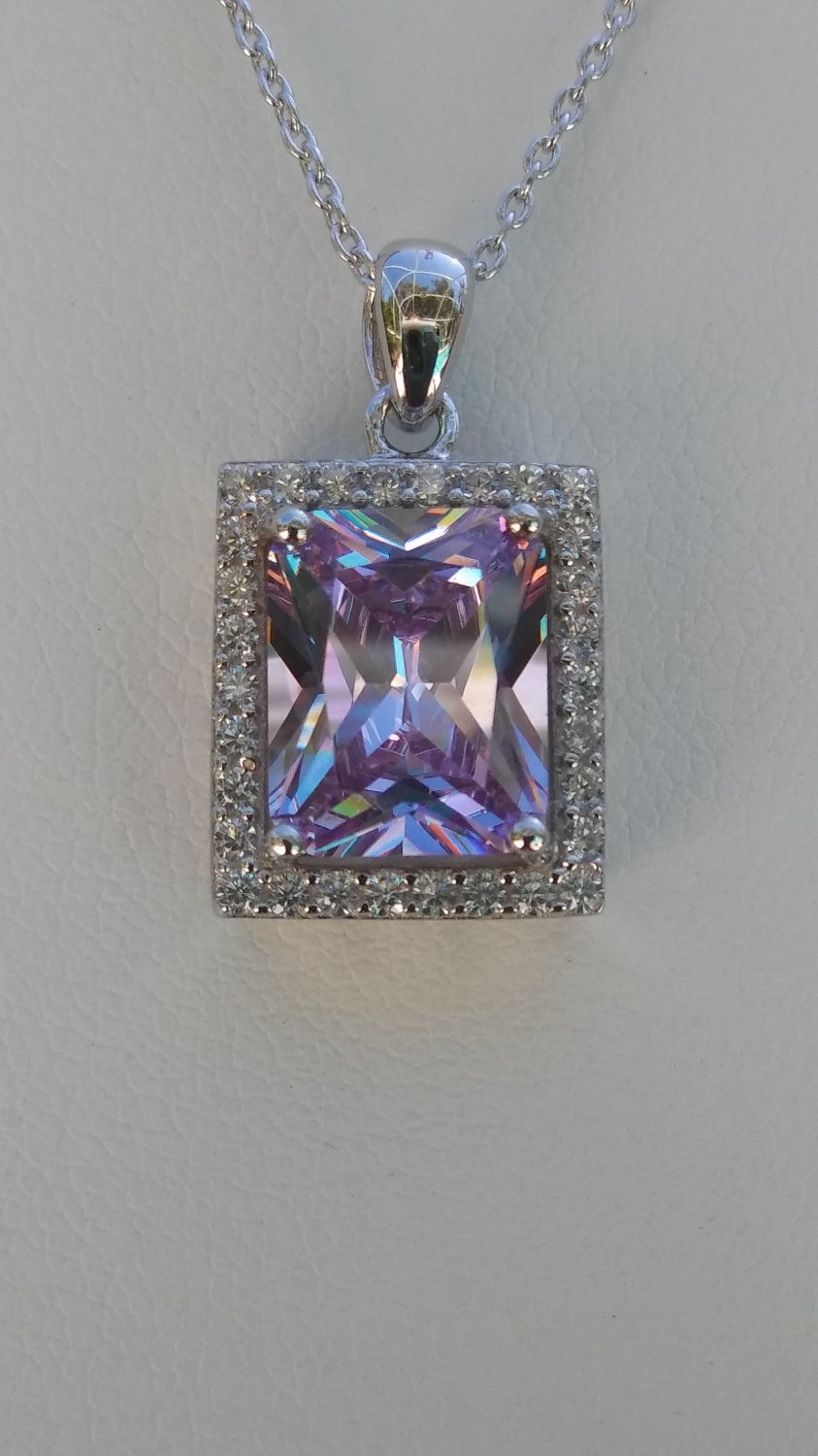 Sterling Silver Large Square Lavender CZ Pendant and Chain