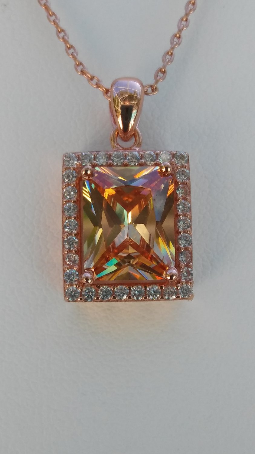 Sterling Silver Large Square Light Champagne CZ Pendant and Chain