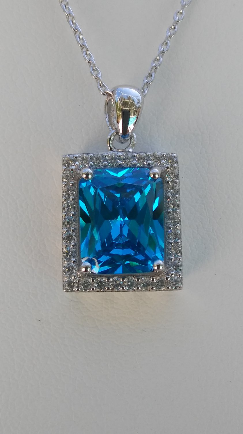 Sterling Silver Large Square Blue Topaz CZ Pendant and Chain