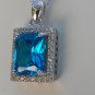 Sterling Silver Large Square Blue Topaz CZ Pendant and Chain
