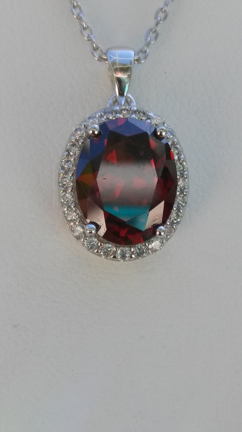 Sterling Silver Large Circle Dark Garnet CZ Pendant and Chain