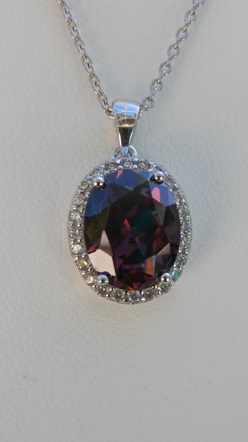 Sterling Silver Large Circle Rhodolite CZ Pendant and Chain