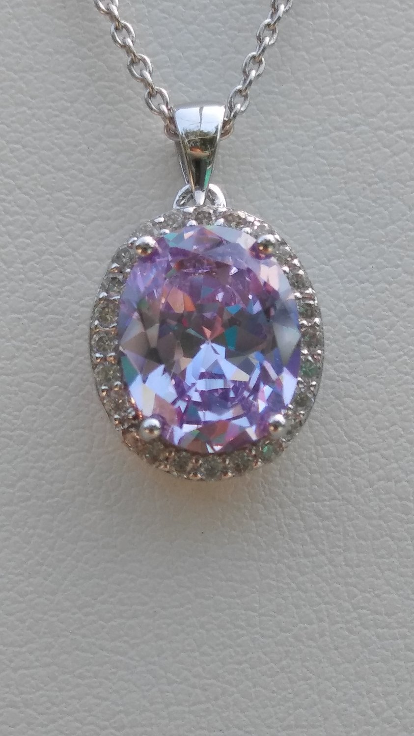Sterling Silver Large Circle Lavender CZ Pendant and Chain