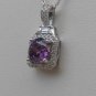 Sterling Silver Square Amethyst CZ Surrounded by White CZS Pendant and Chain