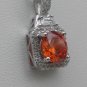 Sterling Silver Square Light Orange CZ Surrounded by White CZS Pendant and Chain