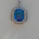 Sterling Silver Large Square Blue Topaz CZ Pendant and Chain