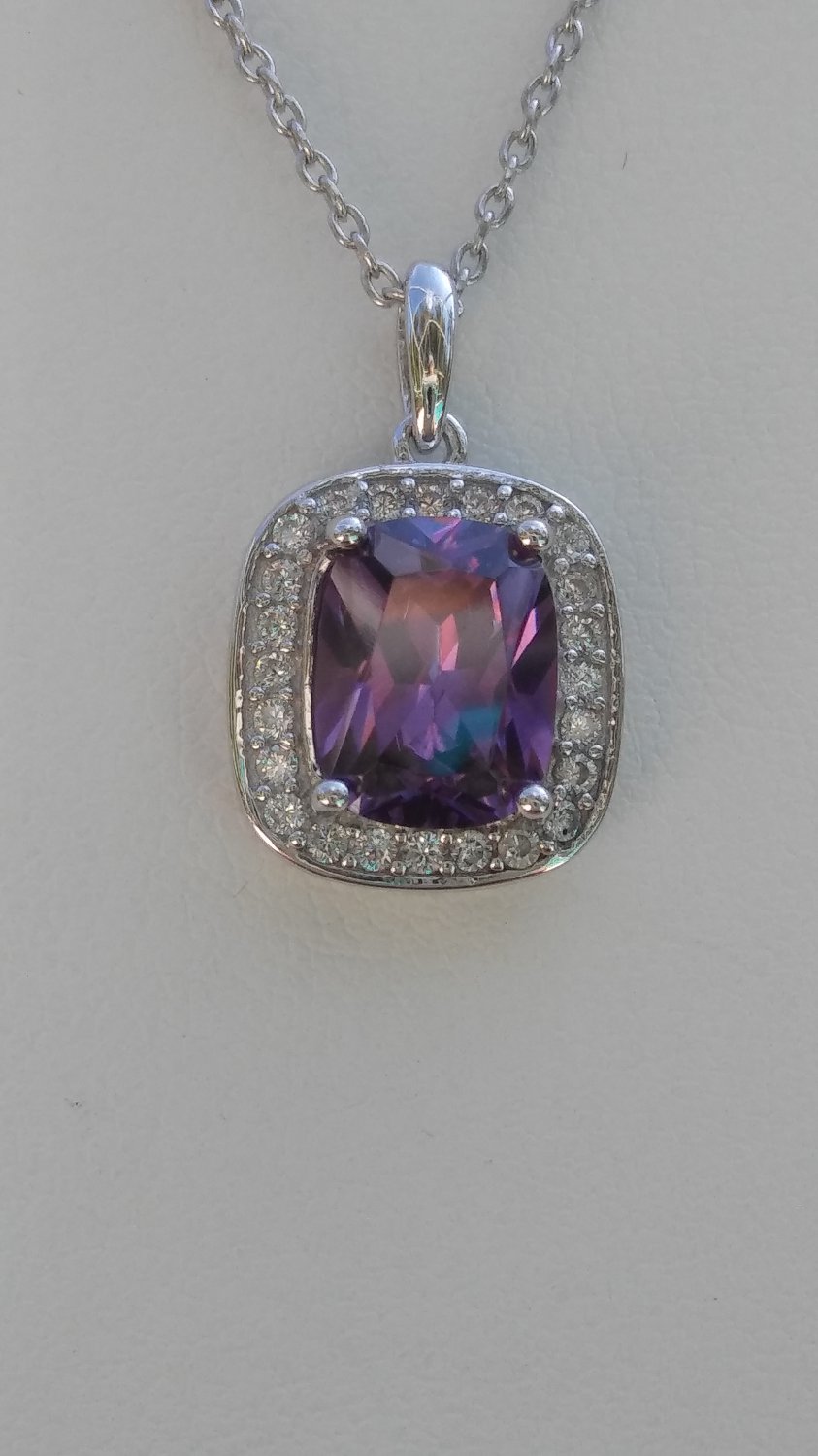 Sterling Silver Large Square Amethyst CZ Pendant and Chain