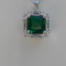 Sterling Silver Square Nano Green CZ & White CZ Baguettes Pendant and Chain