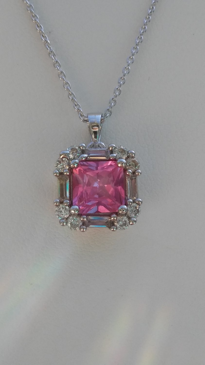 Sterling Silver Square Red Corundum CZ & White CZ Baguettes Pendant and Chain