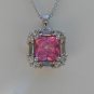 Sterling Silver Square Red Corundum CZ & White CZ Baguettes Pendant and Chain