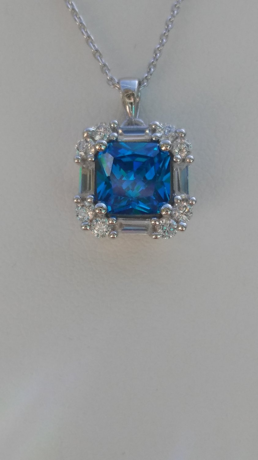 Sterling Silver Square Blue Topaz CZ with White CZ Baguettes Pendant and Chain