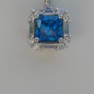 Sterling Silver Square Blue Topaz CZ with White CZ Baguettes Pendant and Chain