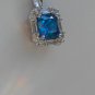 Sterling Silver Square Blue Topaz CZ with White CZ Baguettes Pendant and Chain