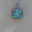 Sterling Silver Square Aquamarine CZ with White CZ Baguettes Pendant and Chain