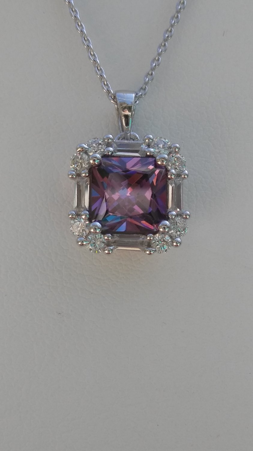 Sterling Silver Square Amethyst CZ with White CZ Baguettes Pendant and Chain