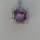 Sterling Silver Square Amethyst CZ with White CZ Baguettes Pendant and Chain