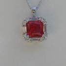 Sterling Silver Square Corundum CZ with White CZ Baguettes Pendant and Chain