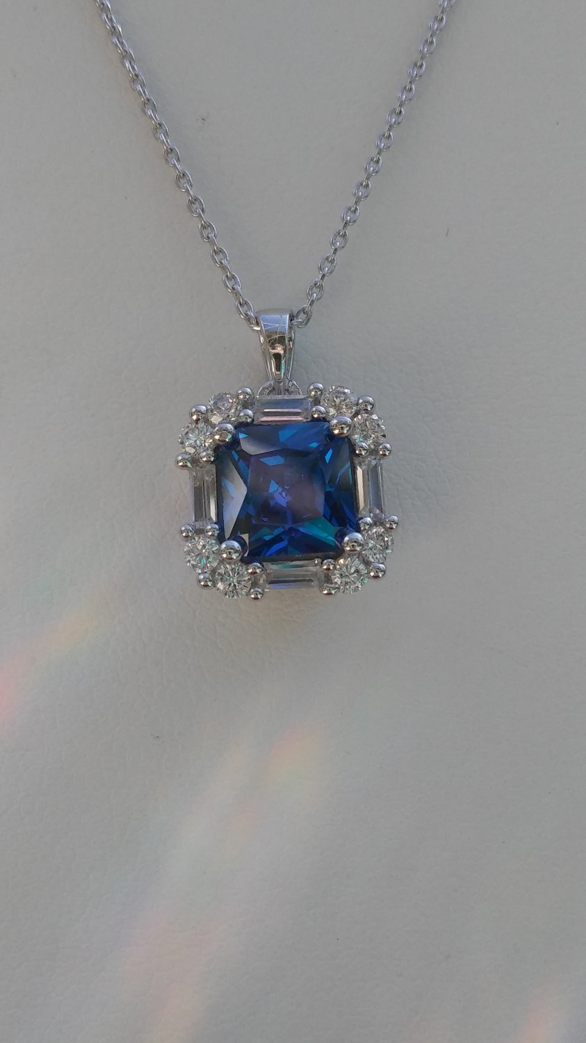 Sterling Silver Square Sapphire Blue CZ w/ White CZ Baguettes Pendant and Chain