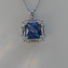 Sterling Silver Square Sapphire Blue CZ w/ White CZ Baguettes Pendant and Chain