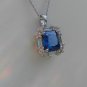 Sterling Silver Square Sapphire Blue CZ w/ White CZ Baguettes Pendant and Chain