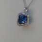 Sterling Silver Square Sapphire Blue CZ w/ White CZ Baguettes Pendant and Chain