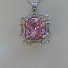 Sterling Siver Square Pink CZ with White CZ Baguette Pendant and Chain