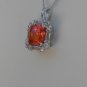 Sterling Silver Square Light Orange CZ w/ White CZ Baguette Pendant and Chain
