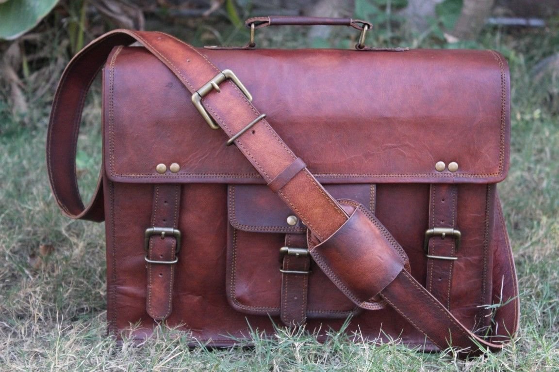15" Men's Genuine Vintage Brown Leather Messenger Bag Shoulder Laptop