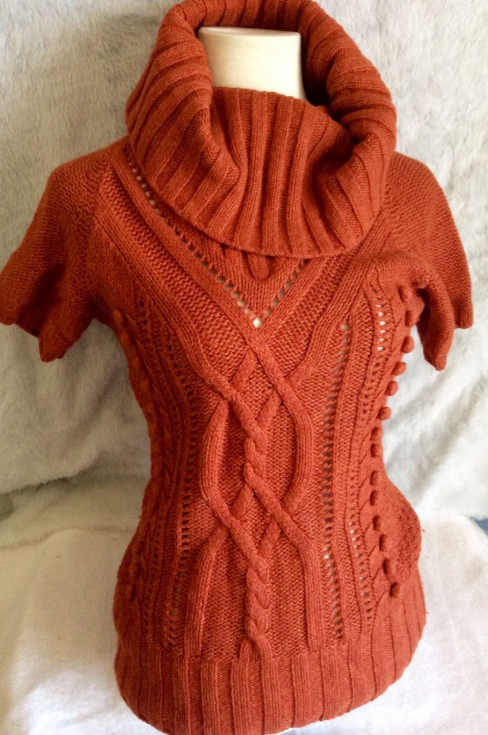 Ladies H&M Burnt Orange PomPom Chunky Cowl Neck Cable Knit Sweater Size