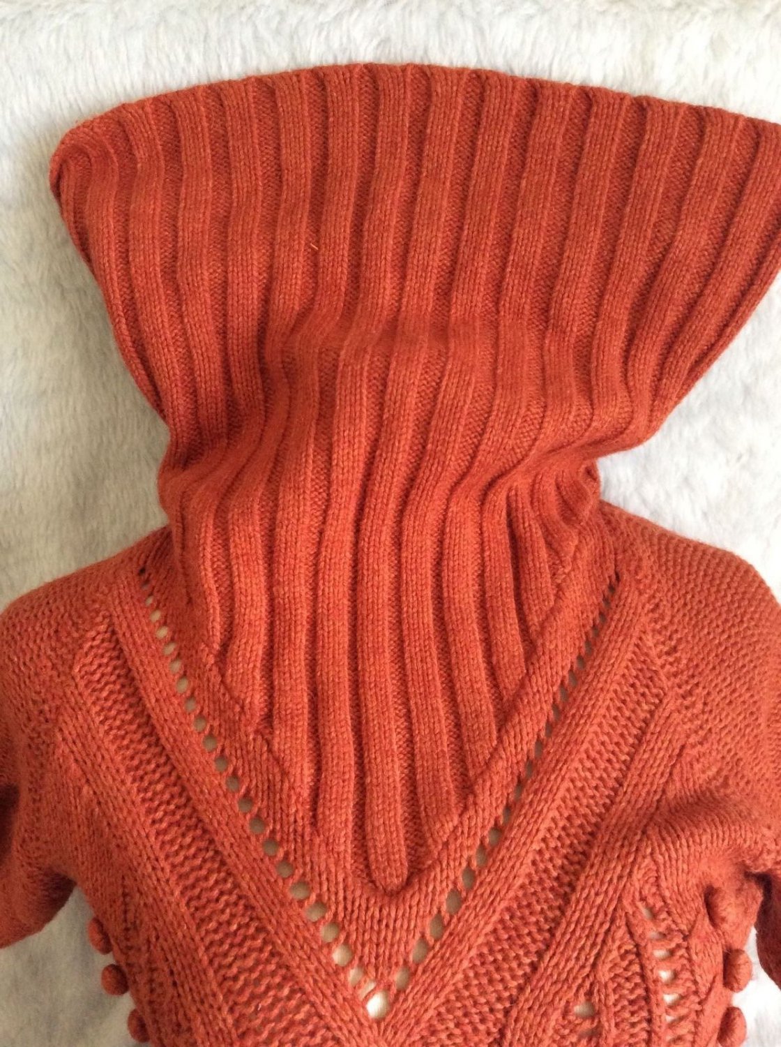 Ladies H&M Burnt Orange PomPom Chunky Cowl Neck Cable Knit Sweater Size Small