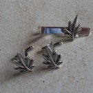 TS003 Antique Silver Weed Marijuana Leaves Tie Bar Cuff Links Set