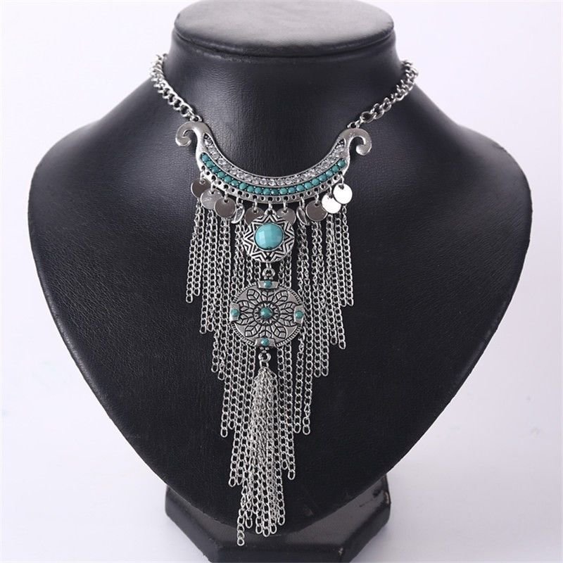 N72 Hot Boho Turquoise Beads Bib Necklace Statement Collar Bohemian Coin Silver