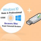 Windows 10 Home & Pro 64 bit Install Reinstall Restore Recovery Repair Combo USB