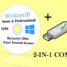 Windows 10 Home & Pro 32 bit Install Reinstall Restore Recovery Repair Combo USB