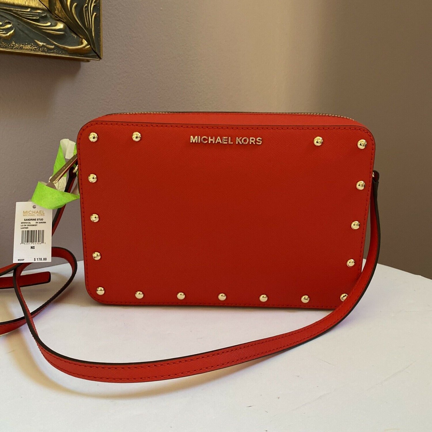 New Michael Kors Crossbody Bag Large EW Sandrine Stud Dark Sangria Zip B3P