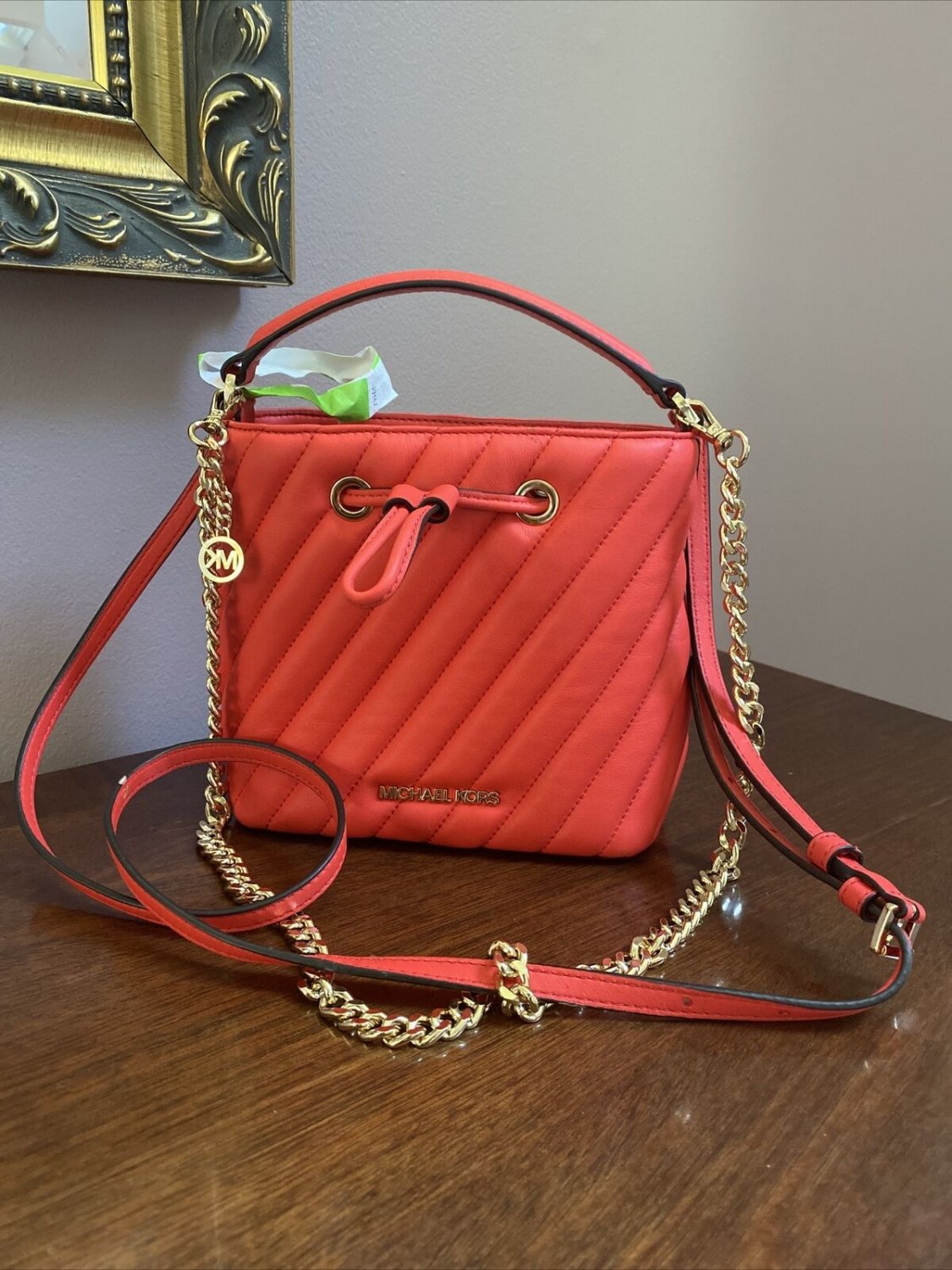 Michael Kors Suri Mini Bucket Bag Quilted Coral Reef Leather Crossbody B2G