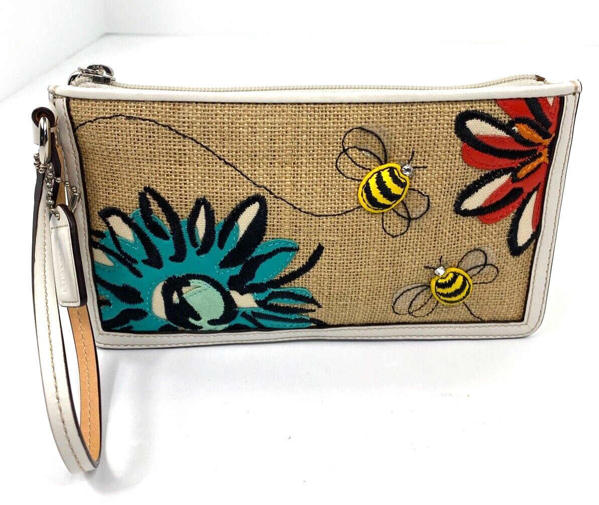 Coach Wristlet Floral Bumble Bee Brown Burlap White Leather Vintage W20