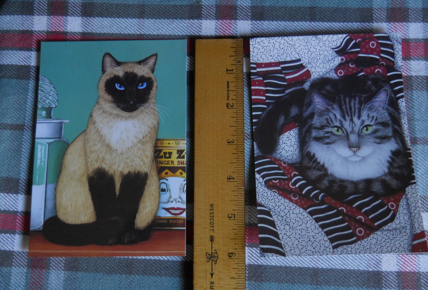 "CAT WITH GINGER SNAPS" & "SILVER TABBY" art of Susan Powers 2 cards