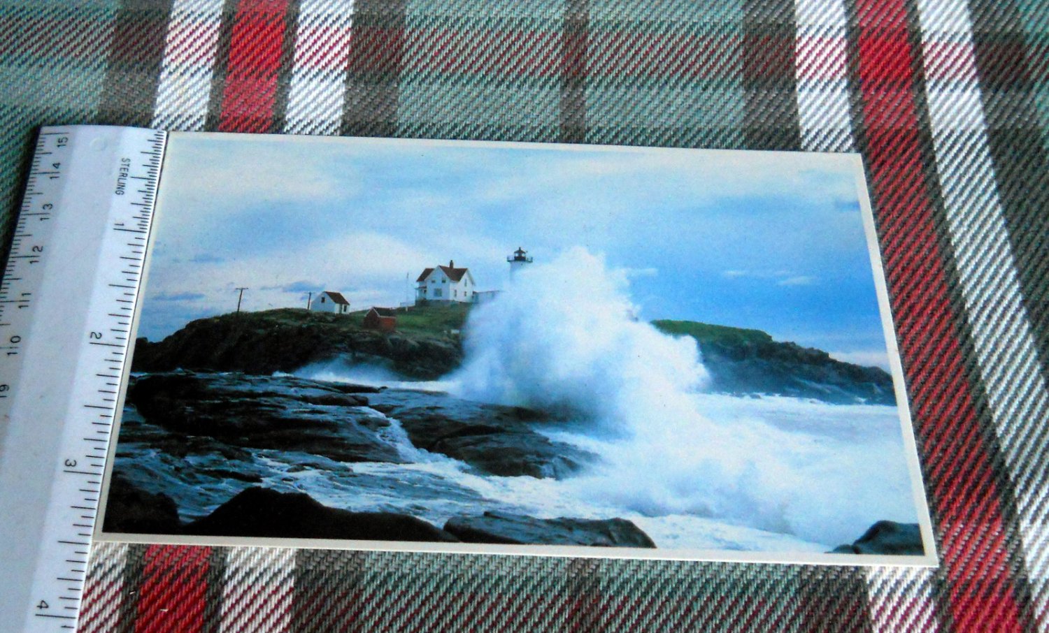 Nubble Lighthouse @ York , surf breaking Maine Postcard