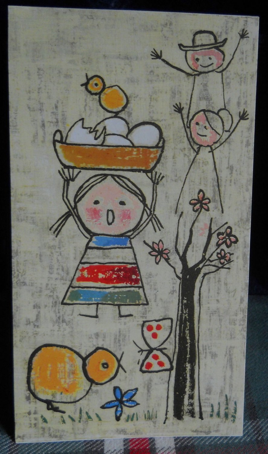 Vintage EASTER Studio Greeting Card by Flair-unused*folk /child drawing*printed Italy
