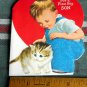 Vintage Valentine Card UNUSED for SON BLUE Flocked PANTS petting kitten DIE-CUT