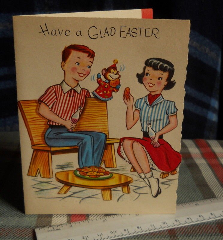 GLAD Easter Greeting * boy and  girl playing and eating cookies VINTAGE