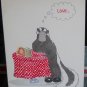 SKUNK at table wirh checkered cover & beer stein comments-ON LOVE** UNUSED