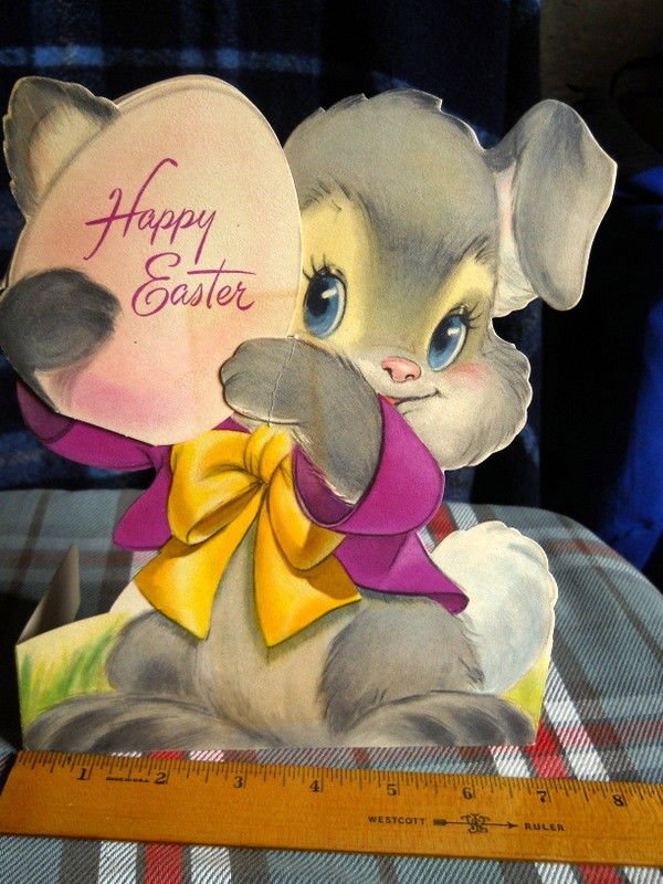 HAPPY EASTER Rabbit holding egg with surprise HALLMARK Copyright Hall Bros 1940