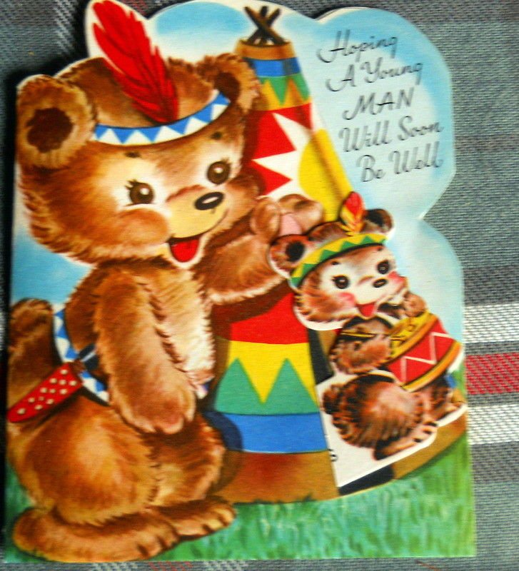 Young boy GET WELL vintage  Pull out *drummer* Greeting Card die cut  circa 1950